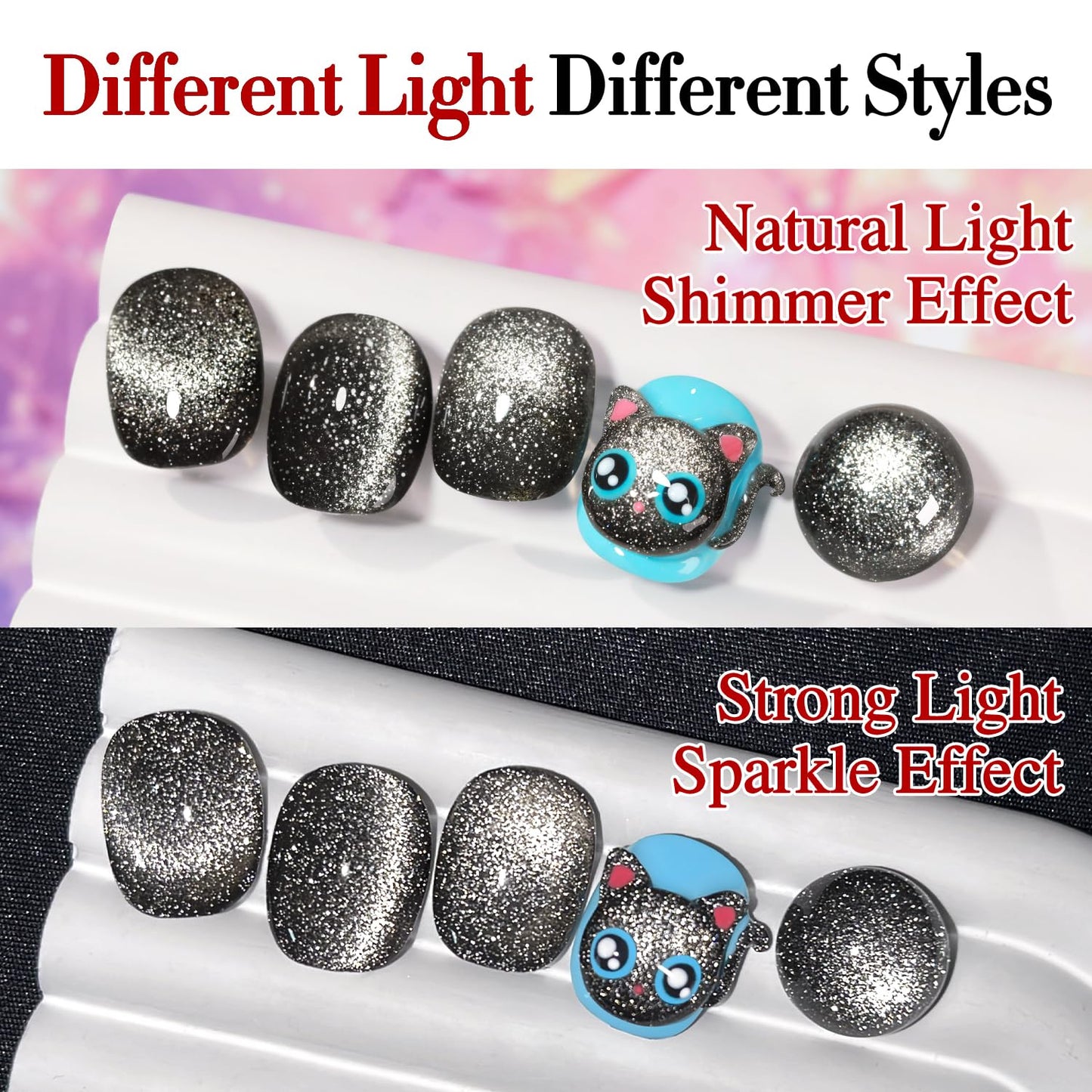 Double Rhythm Jelly Glass Cat Eye Gel Polish with Magnet 15ML Holographic Glitter Shimmer Translucent Sheer Color Magnetic Nail Polish Salon DIY at Home (Black Glitter-MC1061)-Velvo Beauty