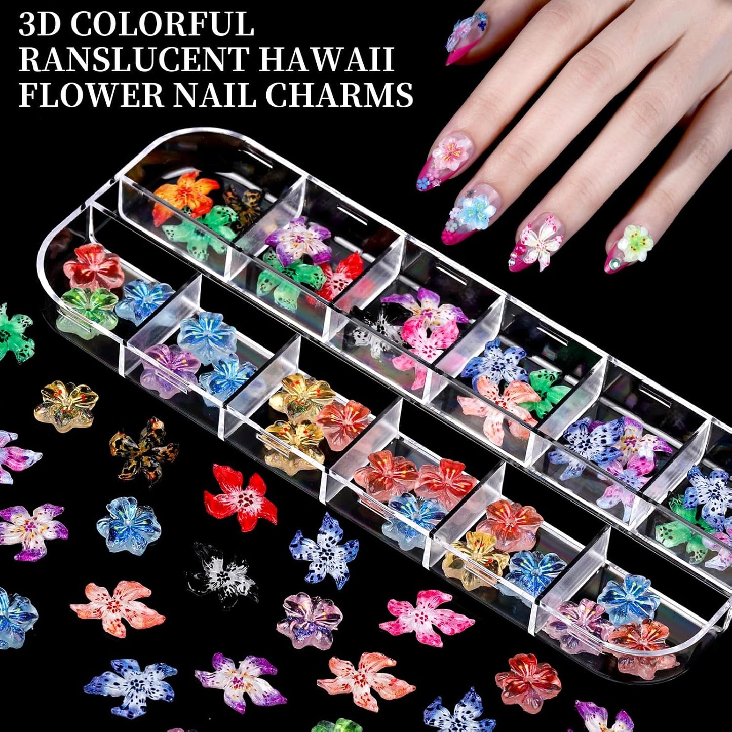 FANDAMEI Nail Charms, 8-Box Nail Charms and Gems, Fruit Bow Hawaii Flowers Petals 3D Nail Art Charms Bulk, Colorful Bubble Beads Nail Rhinestones, Gold Studs Flatback Nail Pearls for DIY-Velvo Beauty