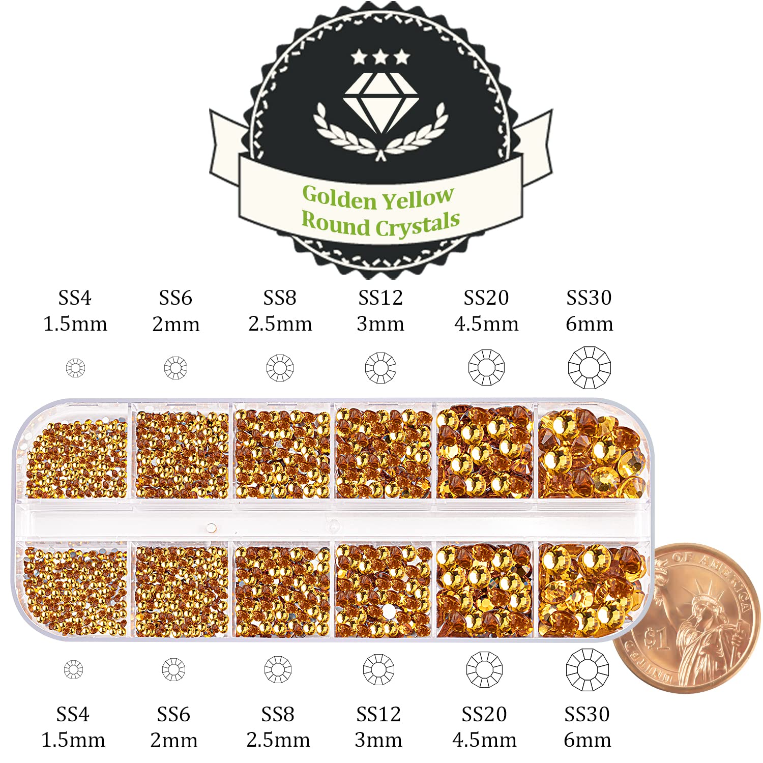 One Pack 2000 Pcs of Flatback Round Golden Yellow Rhinestones 6 Sizes (1.5-6 mm) with Nail Art Rhinestone Picker Pencil and Tweezer for DIY and Salon Use-Velvo Beauty