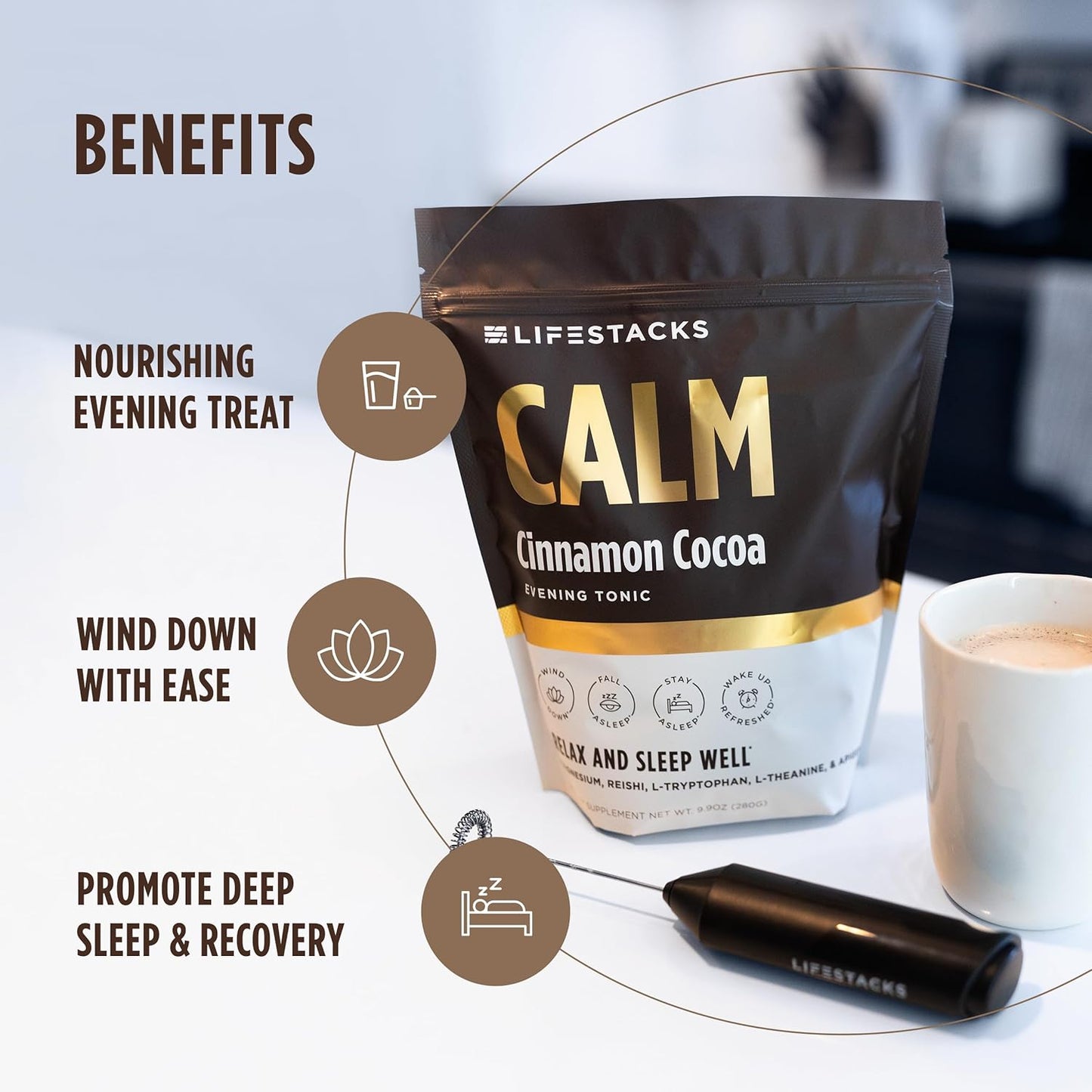 Calm Evening Tonic Sleep Powder - Cinnamon‑Cocoa Nighttime Superfood Drink Mix - Magnesium, L‑Theanine, Reishi Mushroom & L‑Tryptophan for Deep Sleep & Recovery, No Grogginess - 5 Servings-Velvo Beauty