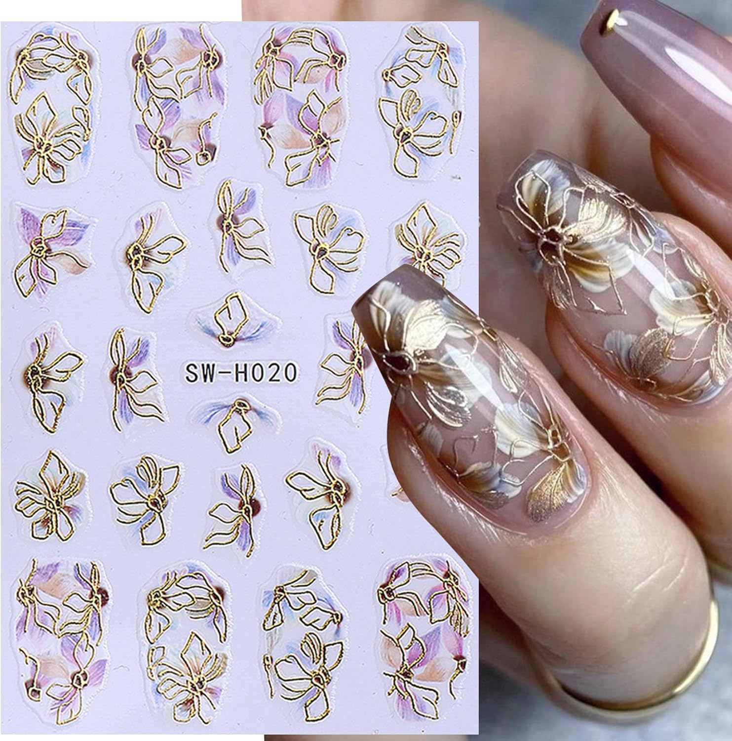 3D Flower Nail Art Stickers Decals Luxury Flower Petal Stickers with Tweezers 12 PCS Self Adhesive Pink Purple Blue Floral Gold Edge Decals Cherry Blossom Lily Summer DIY Manicure Nail Art Decoration-Velvo Beauty