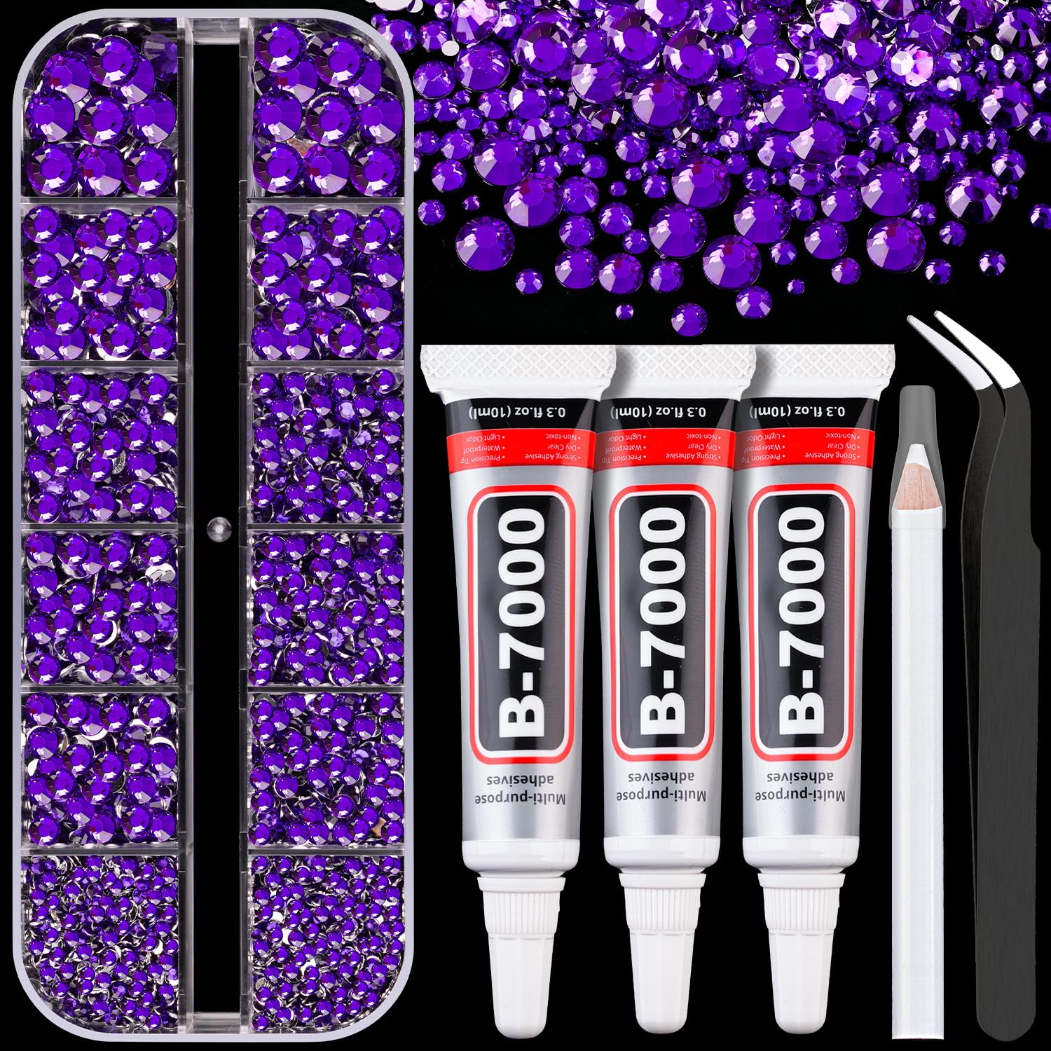 Resin Rhinestones for Crafting with B7000 Jewelry Glue, 1 Box Dark Violet Flatback Crystals with 3Pcs 10ml Glue for Bedazzling Crafts DIY Nail Art Makeup，Non Hotfix Gems for Clothing Shoes-Velvo Beauty