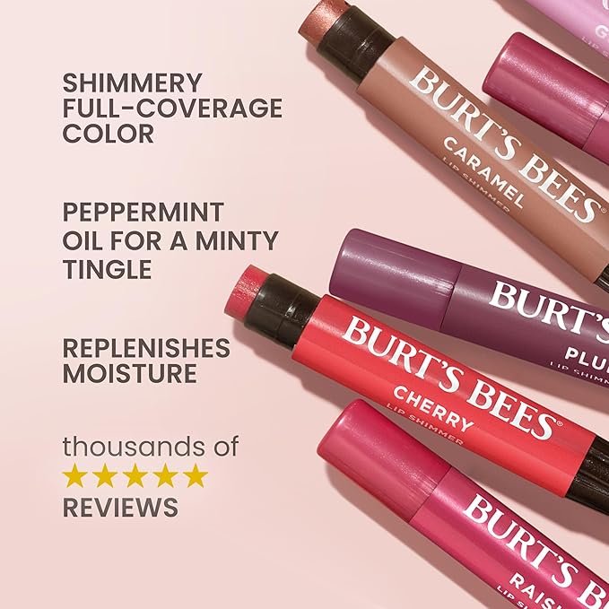 Burt's Bees Shimmer Lip Tint Set, Tinted Lip Balm Stick, Moisturizing for All Day Hydration with Natural Origin Glowy Pigmented Finish & Buildable Color, Plum (4-Pack)-Velvo Beauty