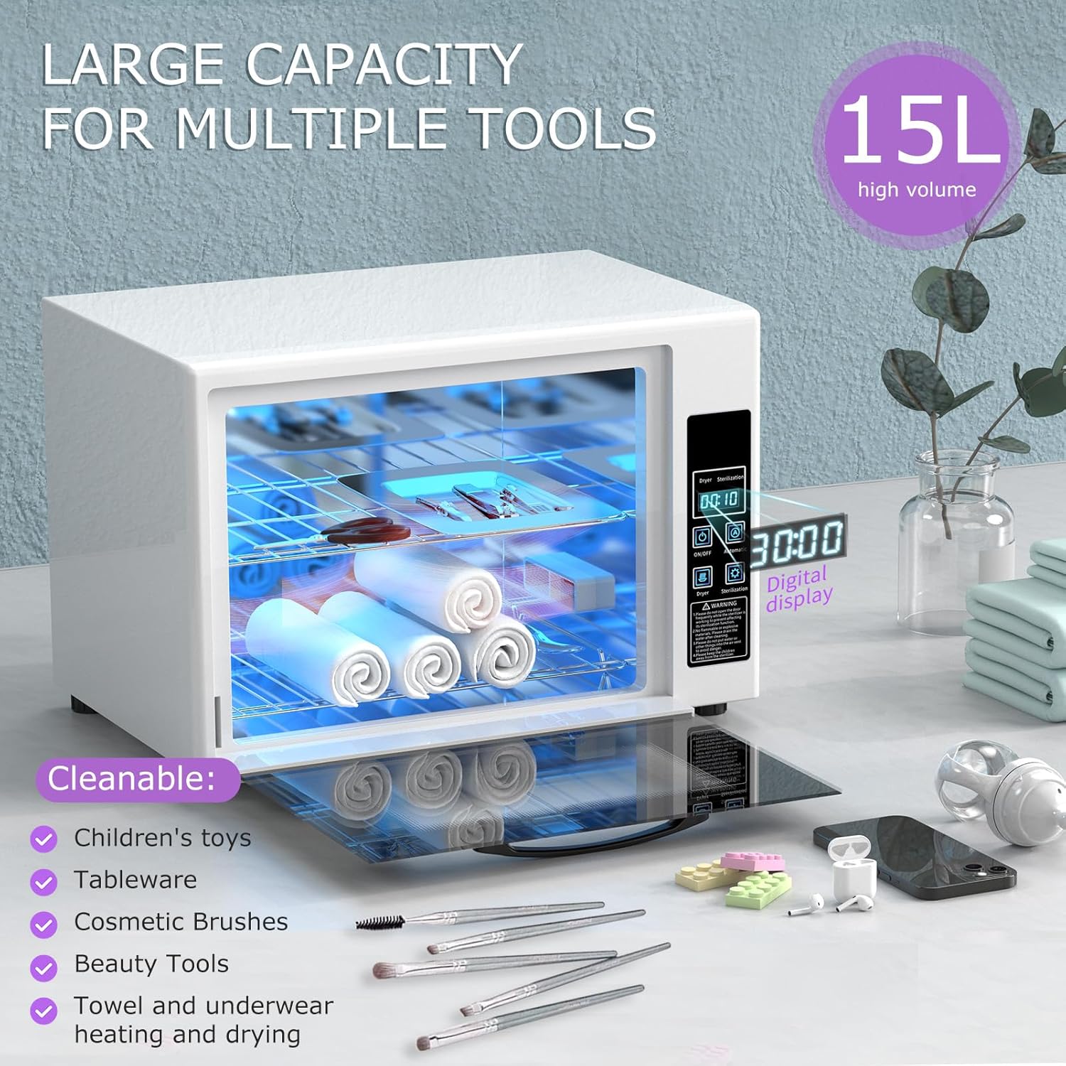 YOTAN 15L Nail Tool Cleaner with Timer Setting, High Capacity Cleaning Cabinet, Multi-Functional Manicure Cleaning Box for Spa Beauty Home Metal Tools, Mobile Phone, Baby Toy, White-Velvo Beauty