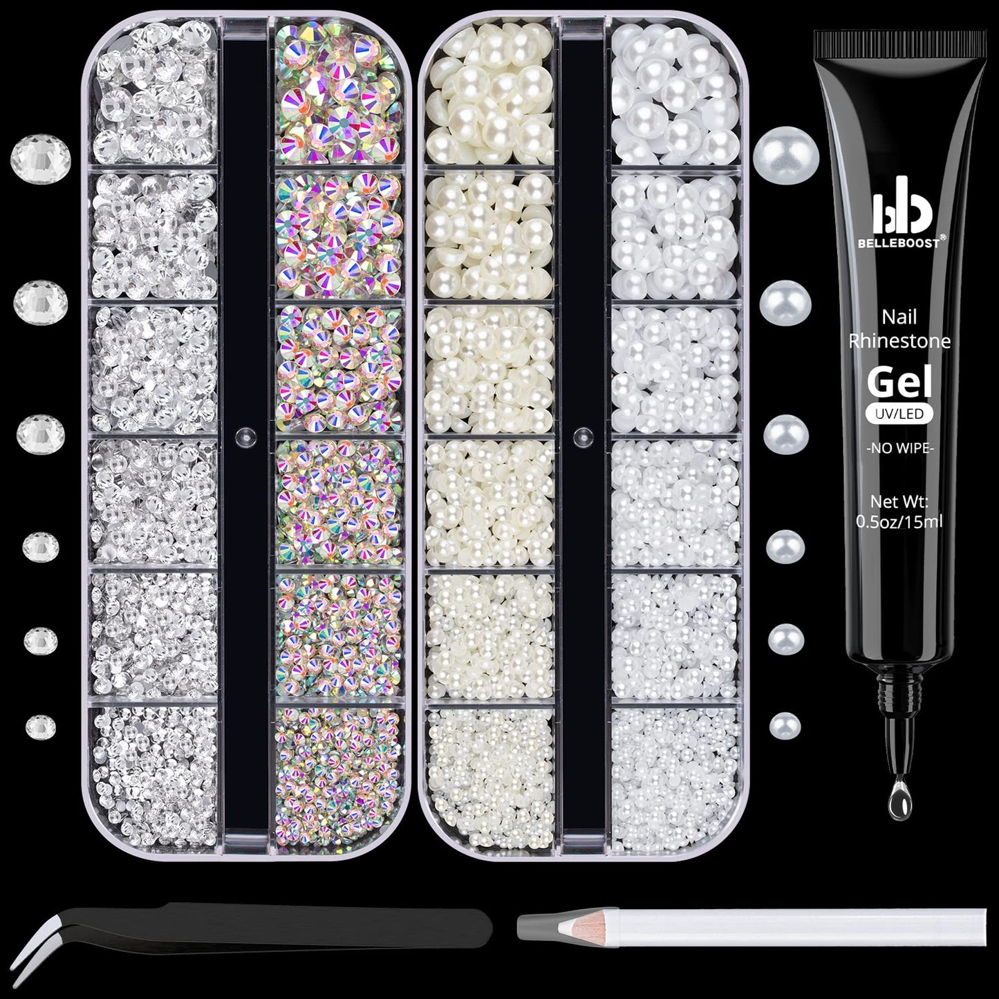 Nail Art Rhinestone Glue Gel&2 Boxes Flatback Gems Kit, 1 Tube of 15ml Rhinestone Gel Glue+Round AB&Clear Gems+Flat-Back Half Round White&Beige Pearls with Pickup Tools-Velvo Beauty
