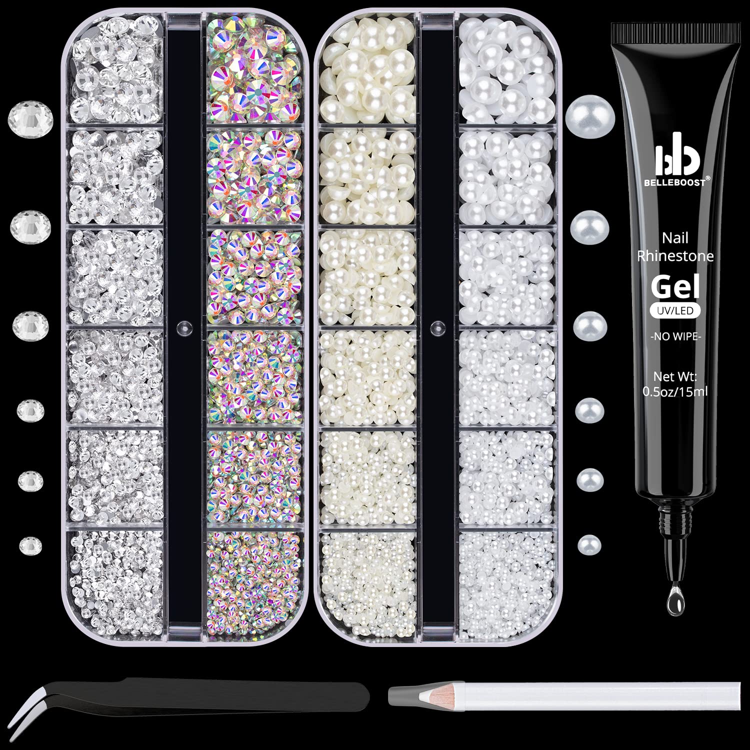 Nail Art Rhinestone Glue Gel&2 Boxes Flatback Gems Kit, 1 Tube of 15ml Rhinestone Gel Glue+Round AB&Clear Gems+Flat-Back Half Round White&Beige Pearls with Pickup Tools-Velvo Beauty