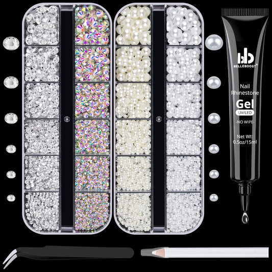 Nail Art Rhinestone Glue Gel&2 Boxes Flatback Gems Kit, 1 Tube of 15ml Rhinestone Gel Glue+Round AB&Clear Gems+Flat-Back Half Round White&Beige Pearls with Pickup Tools-Velvo Beauty