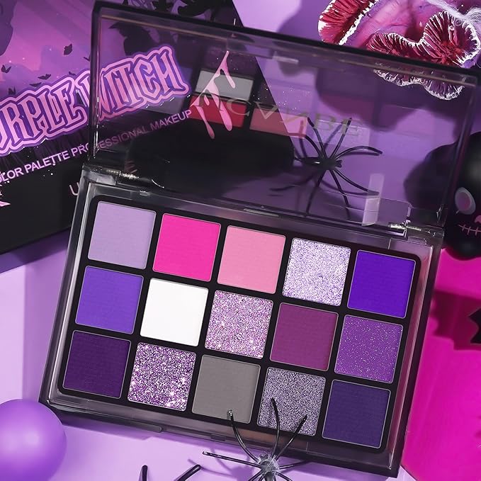 UCANBE Purple Eyeshadow Makeup Palette, 15 Colors Dark Smokey Shimmer Matte Metallic Glitter Eye Shadow Pallet, Violet Lavender Pink Make Up Kit for Cosplay Halloween Ursula Witch Costume Parties-Velvo Beauty