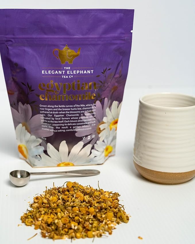 Egyptian Chamomile Tea, Organic Loose Leaf Herbal Tea – Cozy, Calming – Supports Stress Relief, Relaxation & Sleep – 4 oz Resealable Bag (Makes 50 Cups) – The Elegant Elephant-Velvo Beauty