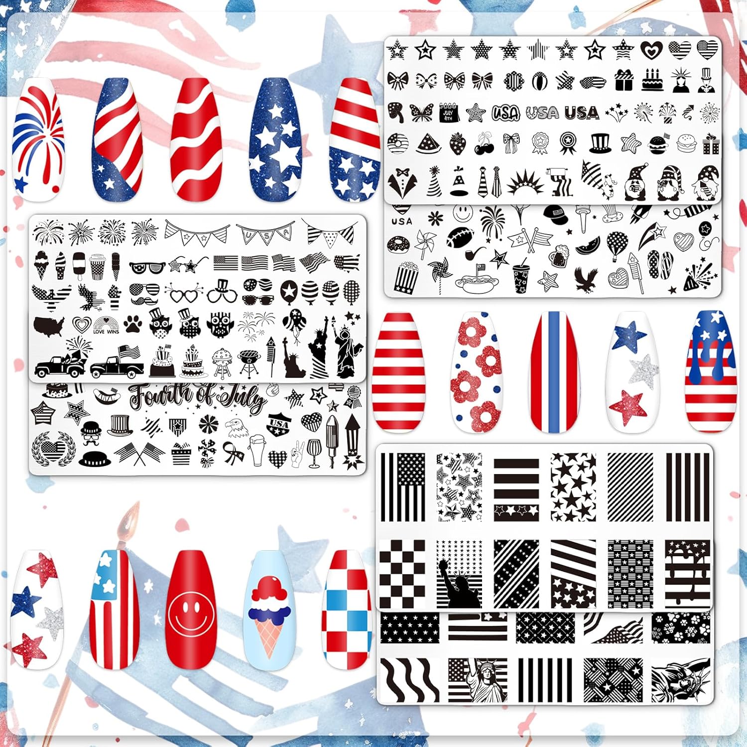 Whaline 6Pcs Patriotic Nail Plates Stamping Set USA Flag Star Stamp Templates 4th of July Nail Art Plates for Independence Day DIY Print Manicure Salon Design-Velvo Beauty
