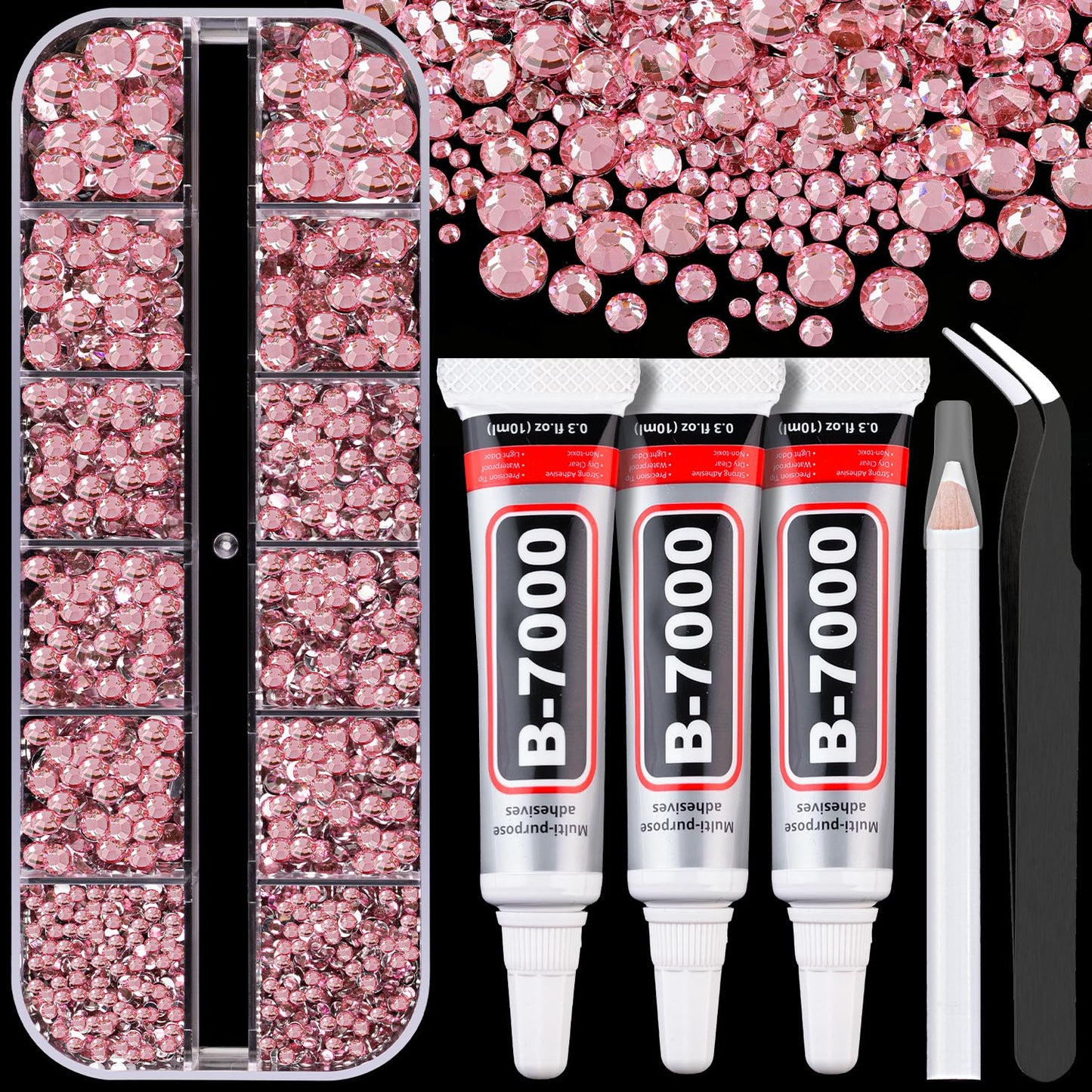 Resin Rhinestones for Crafting with B7000 Jewelry Glue, 1 Box Dark Pink Flatback Crystals with 3Pcs 10ml Glue for Bedazzling Crafts DIY Nail Art Makeup，Non Hotfix Gems for Clothing Shoes-Velvo Beauty