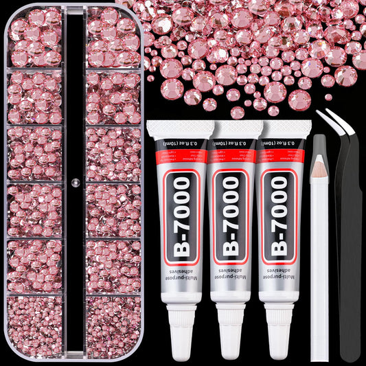 Resin Rhinestones for Crafting with B7000 Jewelry Glue, 1 Box Dark Pink Flatback Crystals with 3Pcs 10ml Glue for Bedazzling Crafts DIY Nail Art Makeup，Non Hotfix Gems for Clothing Shoes-Velvo Beauty