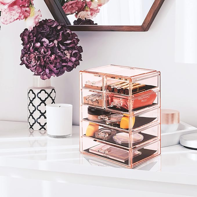Sorbus Acrylic Makeup Organizer - Organization and Storage Case for Cosmetics Make Up & Jewelry - Big Clear Makeup Organizer for Vanity, Bathroom, College Dorm, Closet, Desk (3 Large, 4 Small Drawers)-Velvo Beauty