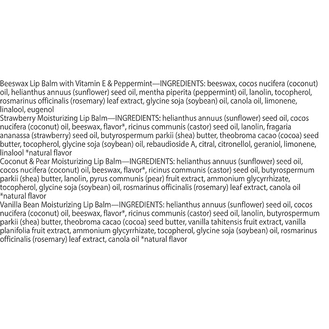 Burt's Bees Lip Balm - Beeswax, Strawberry, Coconut and Pear, and Vanilla Bean, With Responsibly Sourced Beeswax, Tint-Free, Natural Origin Lip Treatment, 4 Tubes, 0.15 oz.-Velvo Beauty