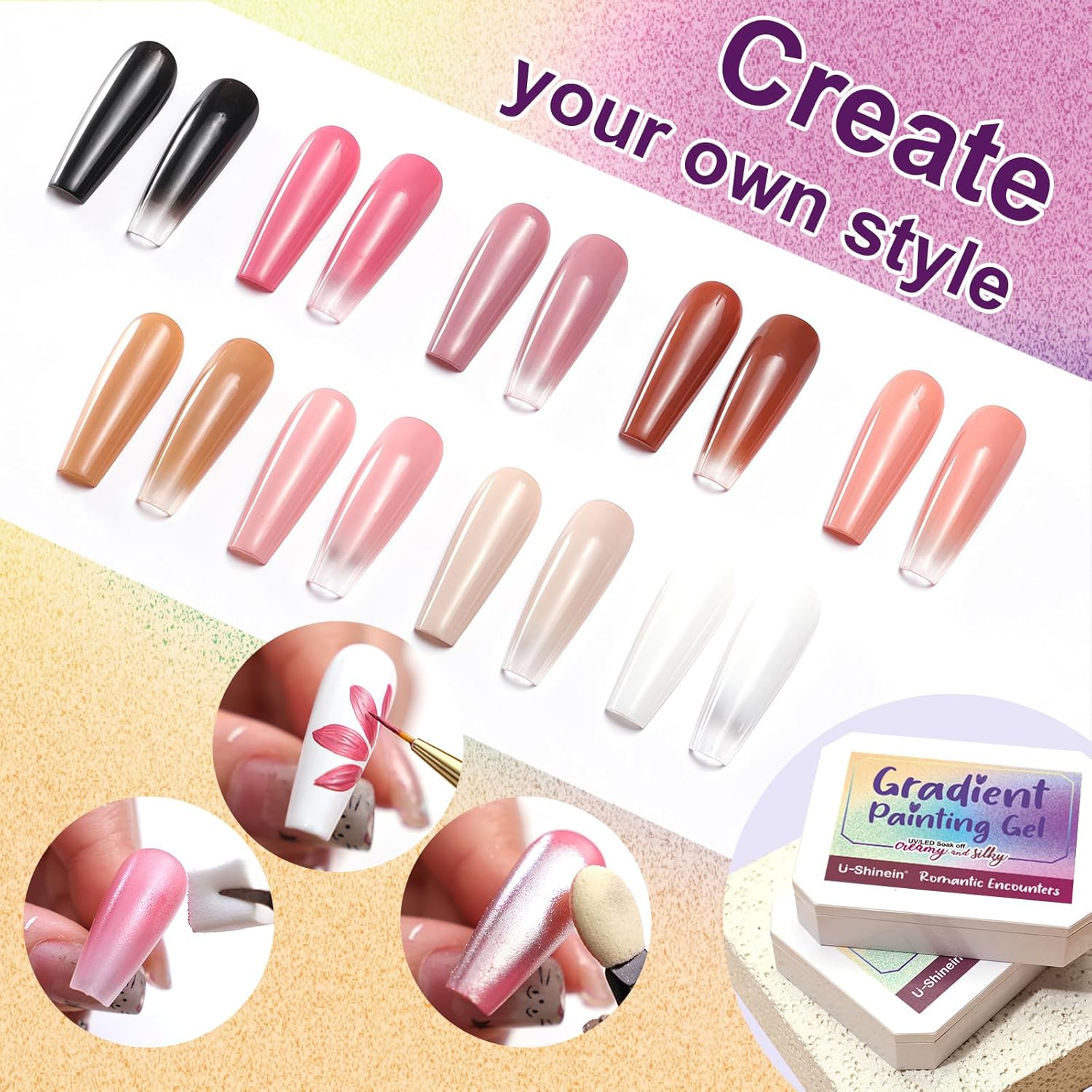 Gradient Painting Gel, 9 Colors Ombre Gel Nail Polish Nude Pink Almond Black&White for Pigment Pat Nails Nude Pink Almond Aura Nails, French Manicure DIY Nail Art Nude Rose Chroma-Velvo Beauty