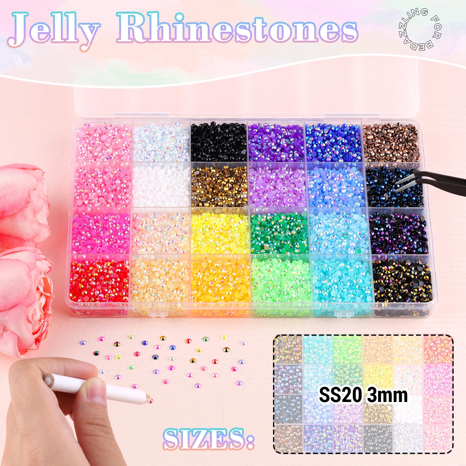 24000Pcs Resin Jelly Rhinestones with Tweezers for Crafting, Multi Colors 3mm Non Hotfix Flatback Gems, Bedazzling Crystal for DIY Crafts Clothing Tumblers Mugs Shoes Decor Nail Art-Velvo Beauty