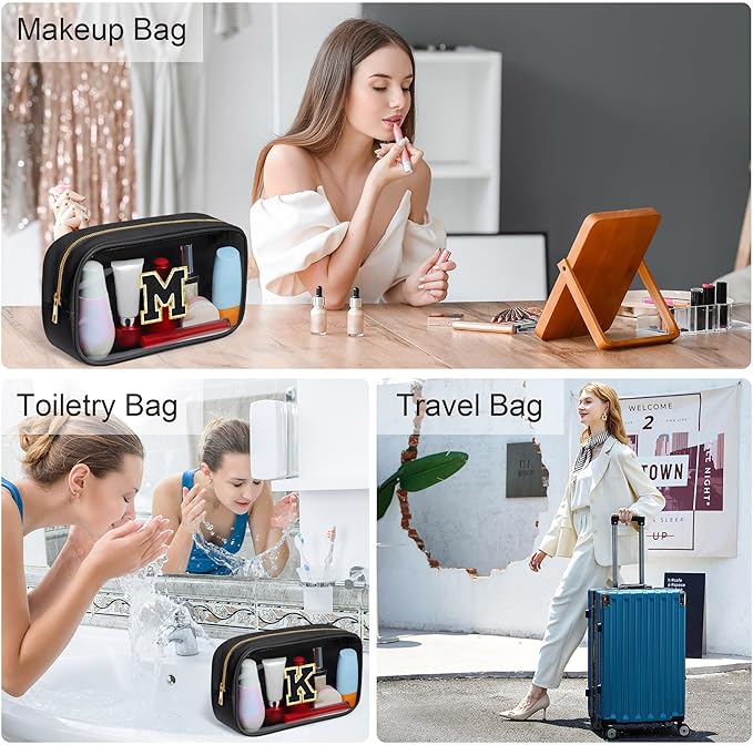 YOOLIFE Initial Travel Essentials Makeup Bag, Skin Care Clear Toiletry Bag Pouch Cosmetic Bag Case Large Makeup Bag Personalized Birthday Gifts for Women Birthday Gifts for Her Wife Black J-Velvo Beauty
