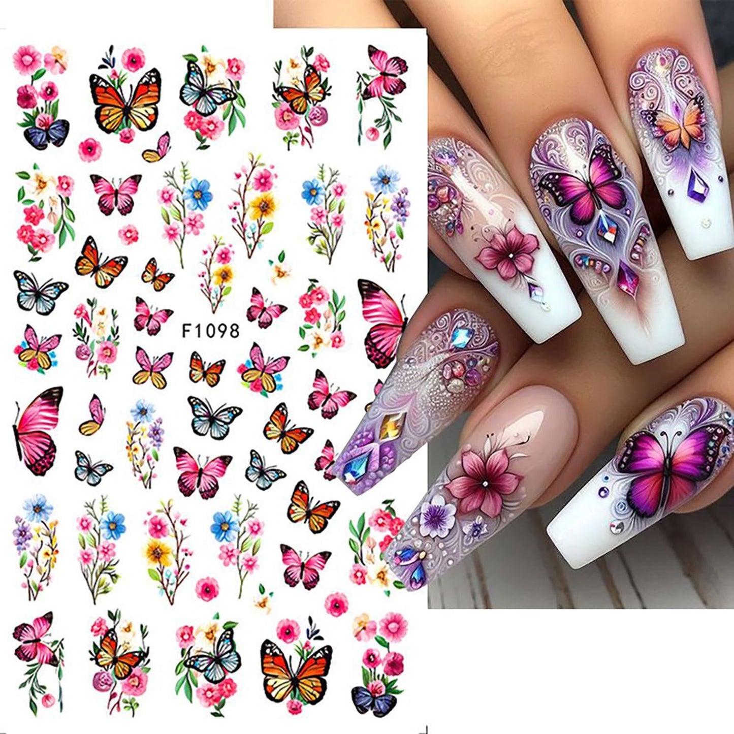 8 Sheets Butterfly Flower Nail Art Stickers 3D Self-Adhesive Spring Summer Nail Sticker Flower Nail Art Decals Holographic Blossom Nail Decal Decoration for Women Colorful Butterfly Manicure Supplies-Velvo Beauty