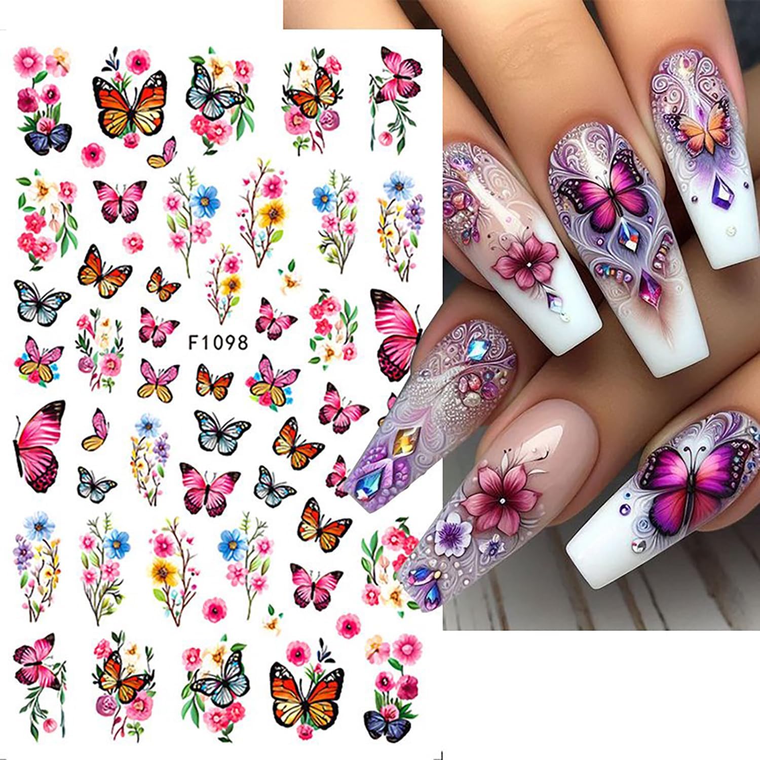 8 Sheets Butterfly Flower Nail Art Stickers 3D Self-Adhesive Spring Summer Nail Sticker Flower Nail Art Decals Holographic Blossom Nail Decal Decoration for Women Colorful Butterfly Manicure Supplies-Velvo Beauty