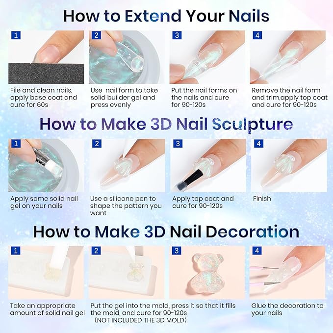 MIZHSE 2PCS Solid Builder Gel for Nails Kit: 30g/1oz Clear & Aurora Hard Gel for Nail with Nail Forms 3D Mold Soak off U V Builder Extension Gels for Women-Velvo Beauty