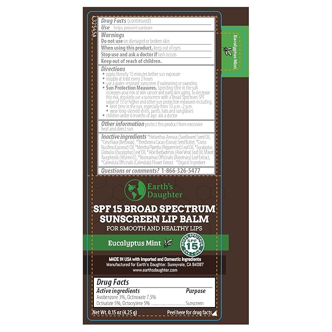 SPF Lip Balm 4-Pack by Earth's Daughter - Lip Sunscreen, SPF 15, Organic Ingredients, Eucalyptus Mint Flavor, Beeswax, Coconut Oil, Vitamin E - Hypoallergenic, Paraben Free, Gluten Free-Velvo Beauty