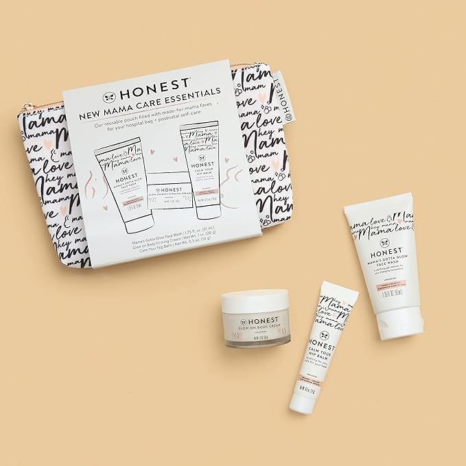 The Honest Company New Mama Care Essentials Gift Set | Hospital Bag Must Haves | Travel Size Nip Balm (0.5 oz), Glow On Body Cream (1 oz), Gotta Glow Face Wash (1.75 fl oz), Reusable Pouch-Velvo Beauty