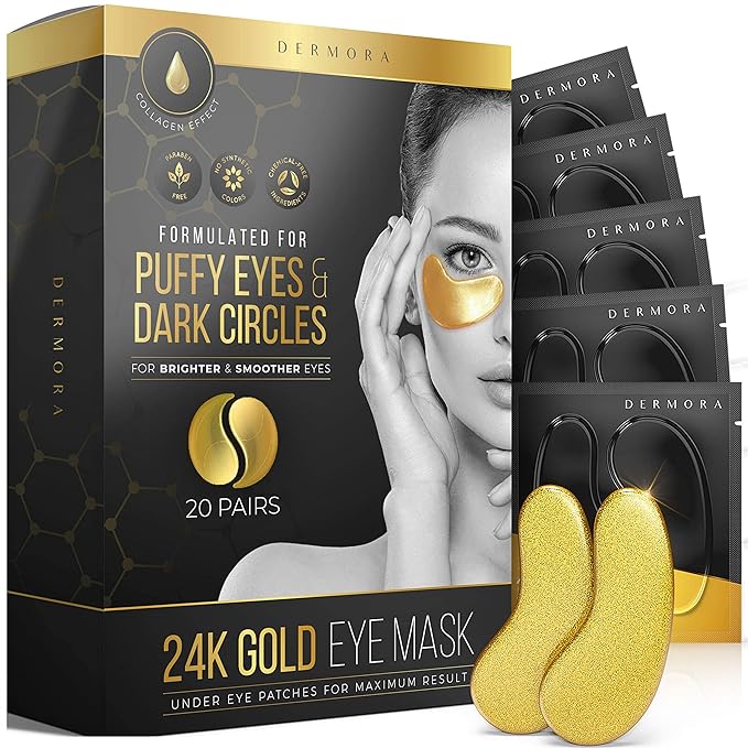 DERMORA Skin Treatment Mask 24K Gold Eye Mask - 20 Pairs Eye Gels - Rejuvenating Treatment for Dark Cirlce,Puffiness,Refresh,Revitalizing,Travel,Wrinkles-Velvo Beauty