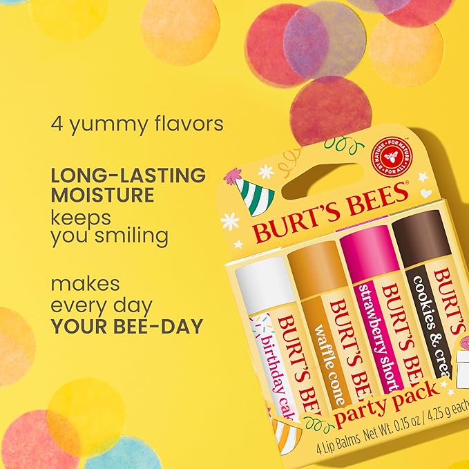 Burt's Bees Lip Balm Party Pack - Birthday Cake, Waffle Cone, Strawberry Shortcake, and Cookies & Cream, All Day Moisturizer, Tint-Free, Natural Origin Conditioning Lip Treatment, 4 Tubes, 0.15 oz.-Velvo Beauty