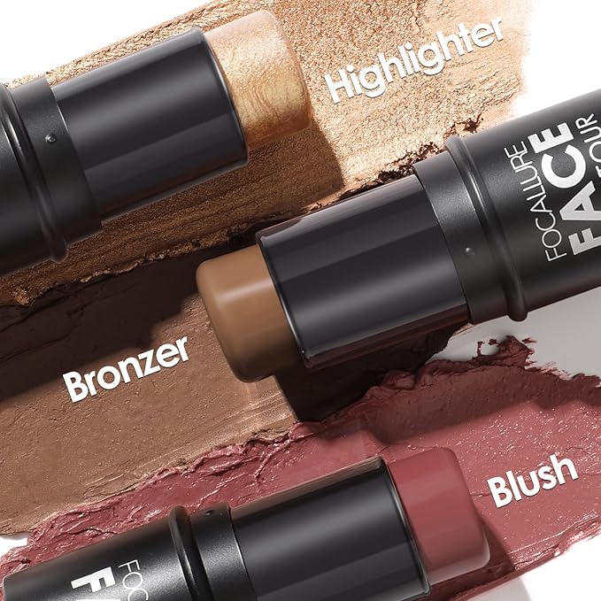FOCALLURE 3 Pcs Cream Contour Sticks,Shades with Highlighter & Bronzer & Blush,Non-greasy Long-wear Face Contouring Pen,Easy to Sculpt the Face and Create a Lightweight Finishing Makeup,MEDIUM-DEEP-Velvo Beauty