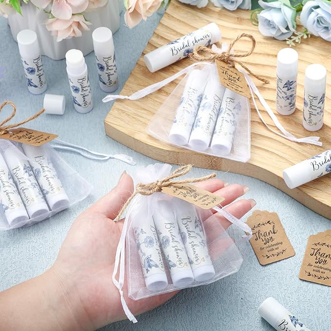Demissle 50 Pcs Bridal Shower Lip Balm Gift Set with 100 Pcs Organza Bags Thank You Tags 20 Meters Rope wedding Party Favor for Guest Favors Gift Party Decoration Souvenirs(Vintage Flower)-Velvo Beauty
