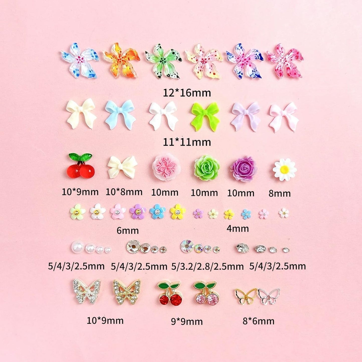 Flower Bow Nail Charms and Gems, 3D Resin Blossom Petals with Caviar Beads Charms for Nails Design，Flatback Pearl Charms Cherry Butterfly Rhinestone Nail Charms for Manicure DIY-Velvo Beauty