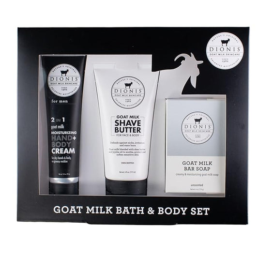 Dionis Goat Milk Skincare Men's Unscented Bath & Body 3pc Gift Set - Blended Shea Butter & Jojoba Oil Shave Butter For Sensitive Skin, Unscented Hydrating Moisturizer & Nourishing Bar Soap For Men-Velvo Beauty