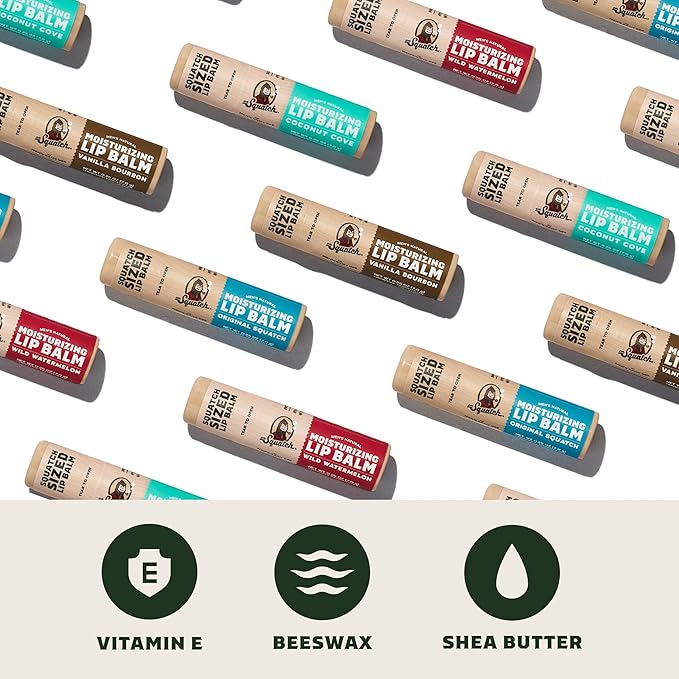 Dr. Squatch NEW Natural Lip Balm - Petrolatum, Paraben, Artificial Flavor-free - Shea Butter, Beeswax, Vitamin E - Original Squatch, Vanilla Bourbon, Coconut Cove, Wild Watermelon (0.25 oz, 4 Pack)-Velvo Beauty