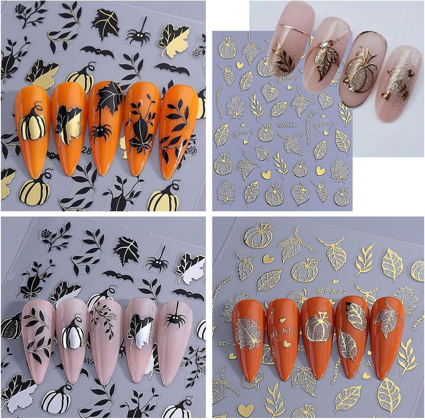 6 Sheets Halloween Nail Art Stickers 3D Self -Adhesive Pumpkin and Leaves Nail Decals Holographic Spider Bat Nail Stickers Halloween Nail Decoration for Women Manicure Supplies-Velvo Beauty