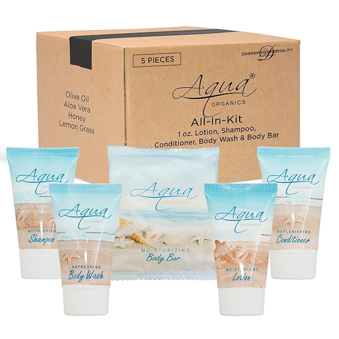 | Aqua Organics Hotel Soaps and Toiletries Bulk Set | Amenities for Hotels & Airbnb | 1oz Hotel Shampoo & Conditioner, Body Wash, Body Lotion & 1oz Bar Soap Travel Size | 5 Pieces-Velvo Beauty