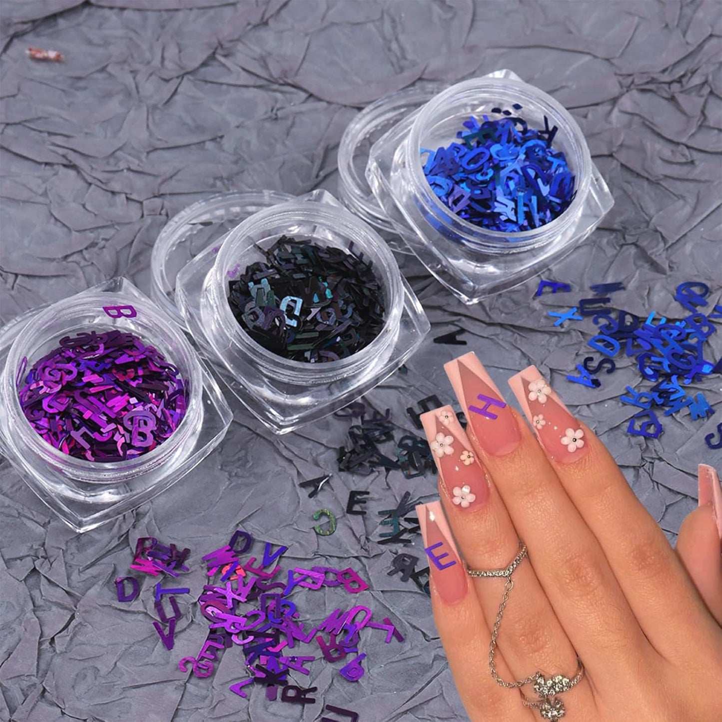 3 Colors Nail Art Glitters & Sequins - Black & Purple Letter Shaped Nail Sticker for Women's Manicure DIY-Velvo Beauty