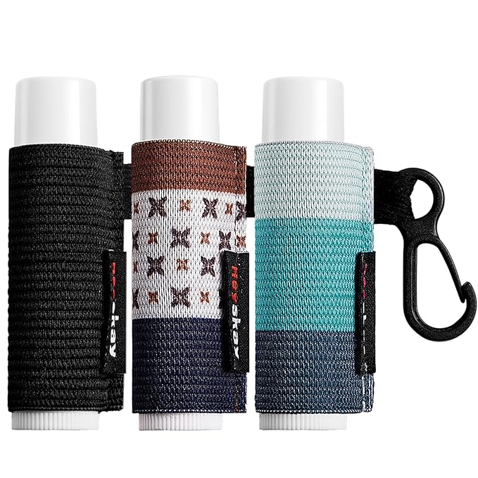 3PCS Lip Balm Holder Sleeves Chapstick Holder Keychain Lip Gloss Holder Keychain Elastic Sleeves (Black/light blue strip/dark blue strip)-Velvo Beauty