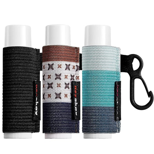 3PCS Lip Balm Holder Sleeves Chapstick Holder Keychain Lip Gloss Holder Keychain Elastic Sleeves (Black/light blue strip/dark blue strip)-Velvo Beauty