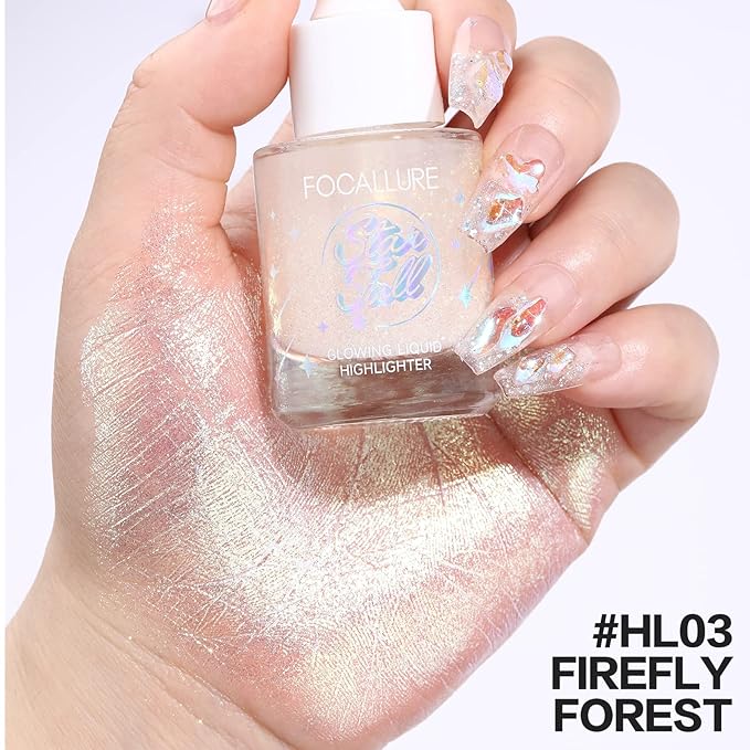 FOCALLURE Starfall Glowing Liquid Highlighter, Shimmering Body Oil, Non-Sticky Shimmer Liquid Luminizer, Non-Greasy, Face & Body Glitter Makeup for Costumes, Cosplay, Rave Festival, FIRELY FOREST-Velvo Beauty