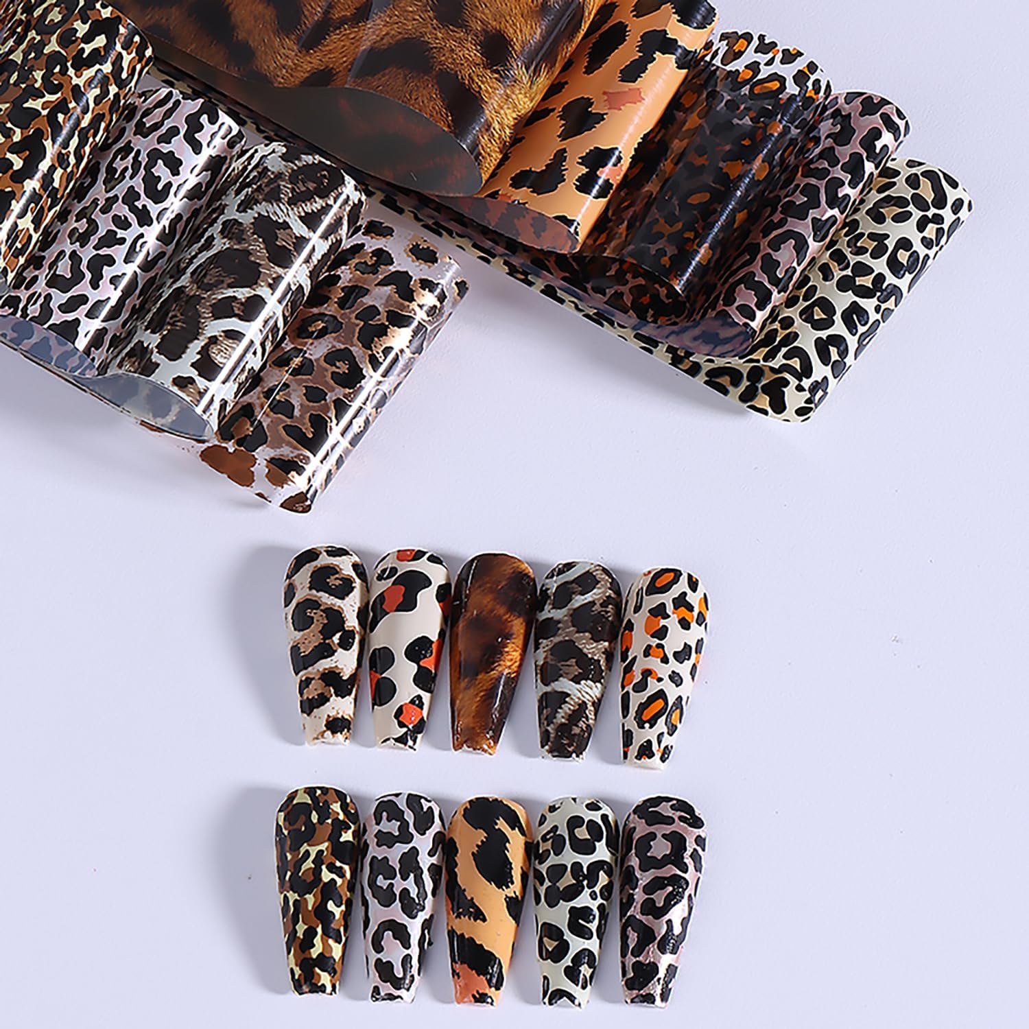 10 Rolls Leopard Print Nail Foil Transfer Stickers Autumn Winter Nails Decoration Self Adhesive Leopard Nail Foils Transfer Nail Art Animal Print Nails Supplies for Women DIY Manicure Accessories-Velvo Beauty