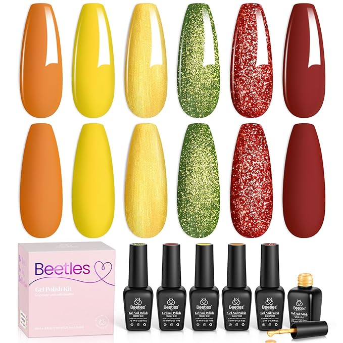 Beetles Fall Gel Nail Polish Set, 6Pcs Yellow Orange Burgundy Red Green Gel Polish Golden Glitter Nails Kit Autumn Realm Collection DIY Nail Art Gifts for Women-Velvo Beauty