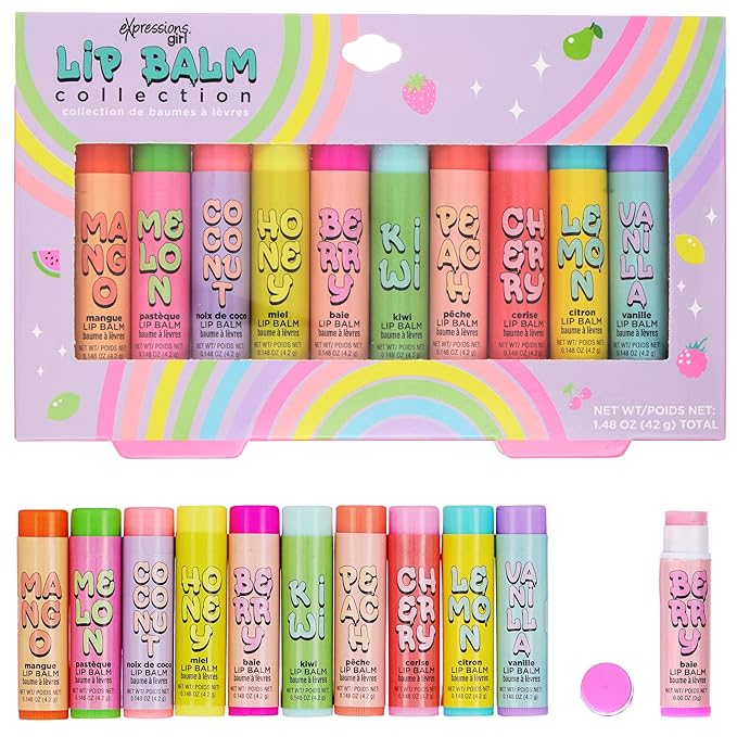 Expressions 10pc Fruity Lip Balm Collection - Hydrating Lip Balms Infused w/Fresh Fruity Flavors - Vitamin Enriched Nourishing Lip Balm Set-Velvo Beauty