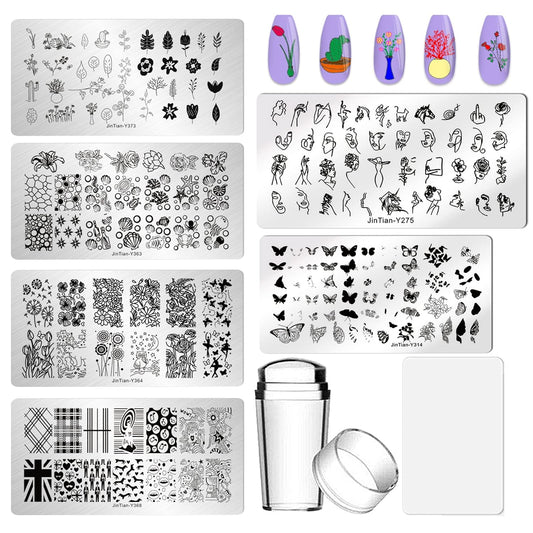 AddFavor Nail Stamper Kit - 6pcs Flower Lace Vine Stamping Plates with Silicone Stamper, Scraper & DIY Manicure Stencils-Velvo Beauty