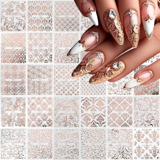 30 Sheets Rose Gold Lace Line Nail Stickers 3D Self Adhesive Nail Art Charms Sticker Decals for Crafts Supplies Accessories (ST-RG)-Velvo Beauty