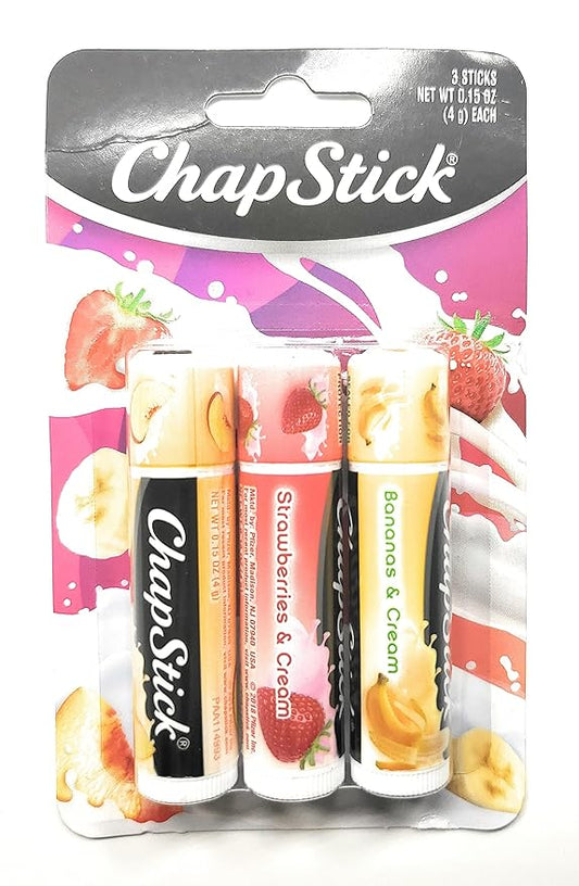 ChapStick (1) Pack Lip Balm Sticks - 3pc Set Includes: Peaches & Cream, Strawberries & Cream, Bananas & Cream - Paraben Free-Velvo Beauty