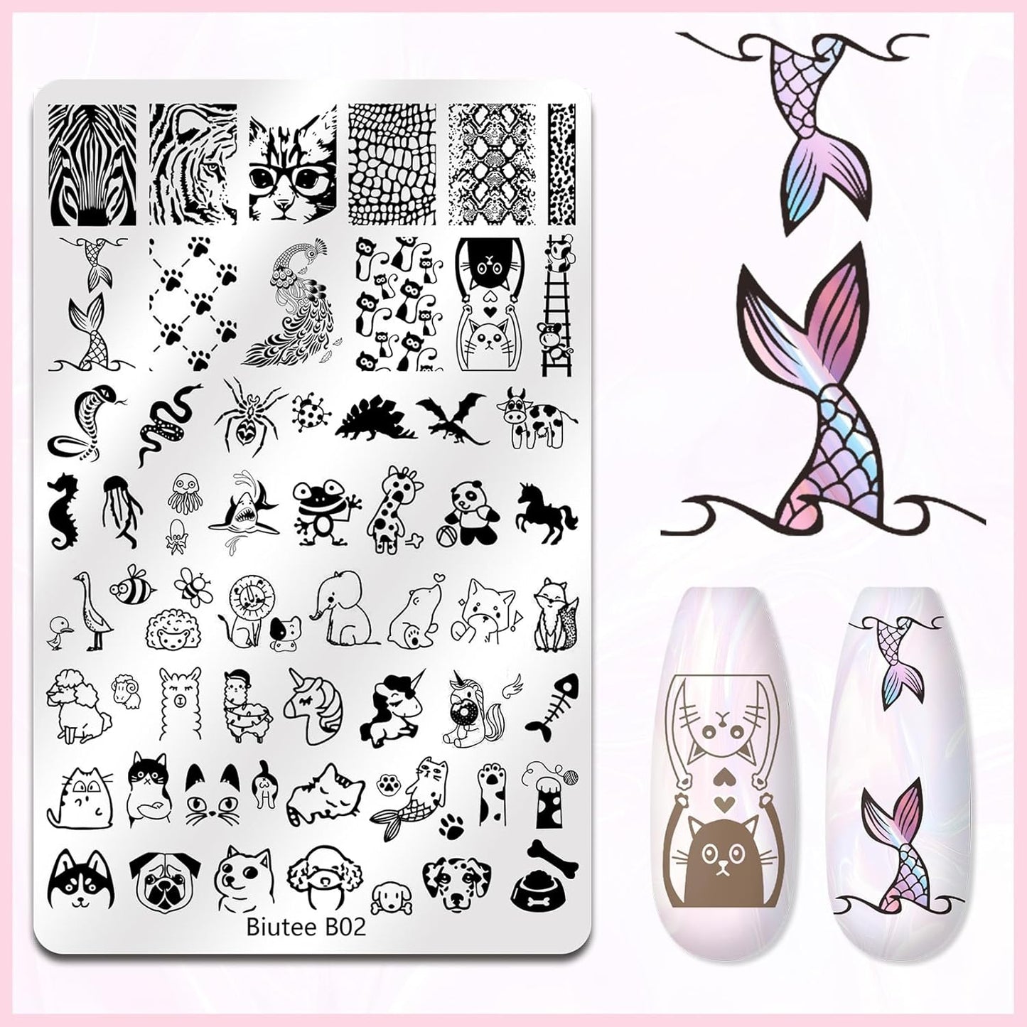 Biutee 4PCS Nail Stamping Plates Set, Includes Nail Art Stamper & Scraper - French Line Lace, Space, Animal, Flower, Leaf Designs - Large Nail Art Stencils Templates for DIY Manicure-Velvo Beauty