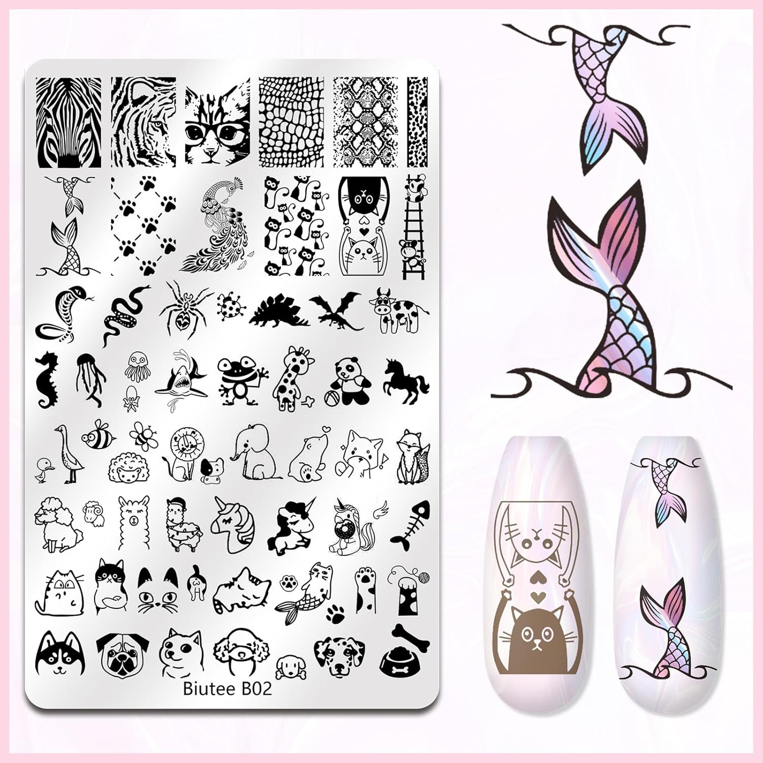 Biutee 4PCS Nail Stamping Plates Set, Includes Nail Art Stamper & Scraper - French Line Lace, Space, Animal, Flower, Leaf Designs - Large Nail Art Stencils Templates for DIY Manicure-Velvo Beauty