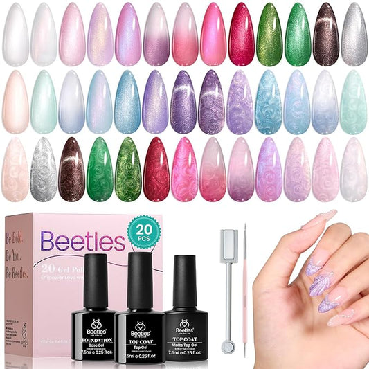 Beetles Pearl Gel Nail Polish Set - Ocean Treasures Gel Polish, 20 Colors Glitter Cat Eye Pink Red Mermaid Swirl Thread Effect Soak off Nail Gel for DIY Manicure Gift for Women-Velvo Beauty