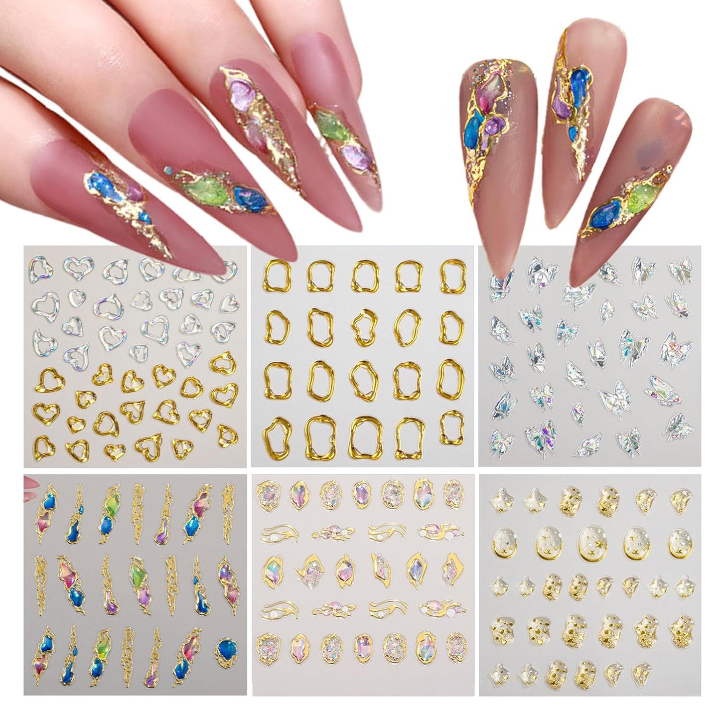 SILPECWEE 6 Sheets 5D Gold Embossed Nail Art Stickers Gem Crystal Irregular Geometric Frames Nail Stickers Designs Hollow Nail Decals Self Adhesive DIY Acrylic Nails Accessories-Velvo Beauty