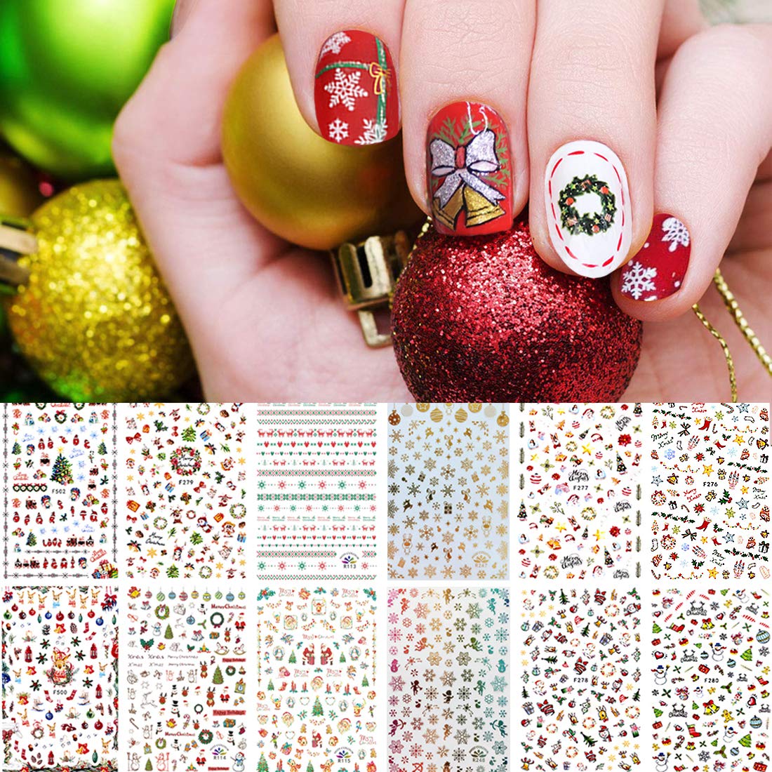 1000 Patterns Christmas nail art sticker decals, Kalolary Self-Adhesive Nail Stickers Santa Claus Snowflake Snowman Christmas Bell Tree Stick Elk for Christams Nail Decoration Gift(12 Sheets)-Velvo Beauty